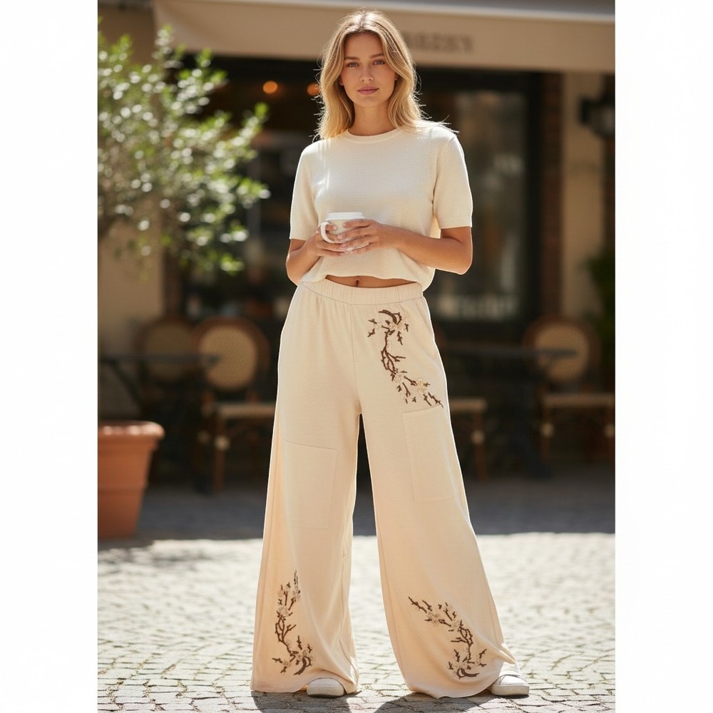 Women's POL Clothing Cream Ribbed Wide Leg Floral Embroidered Pants UKP10 Medium
